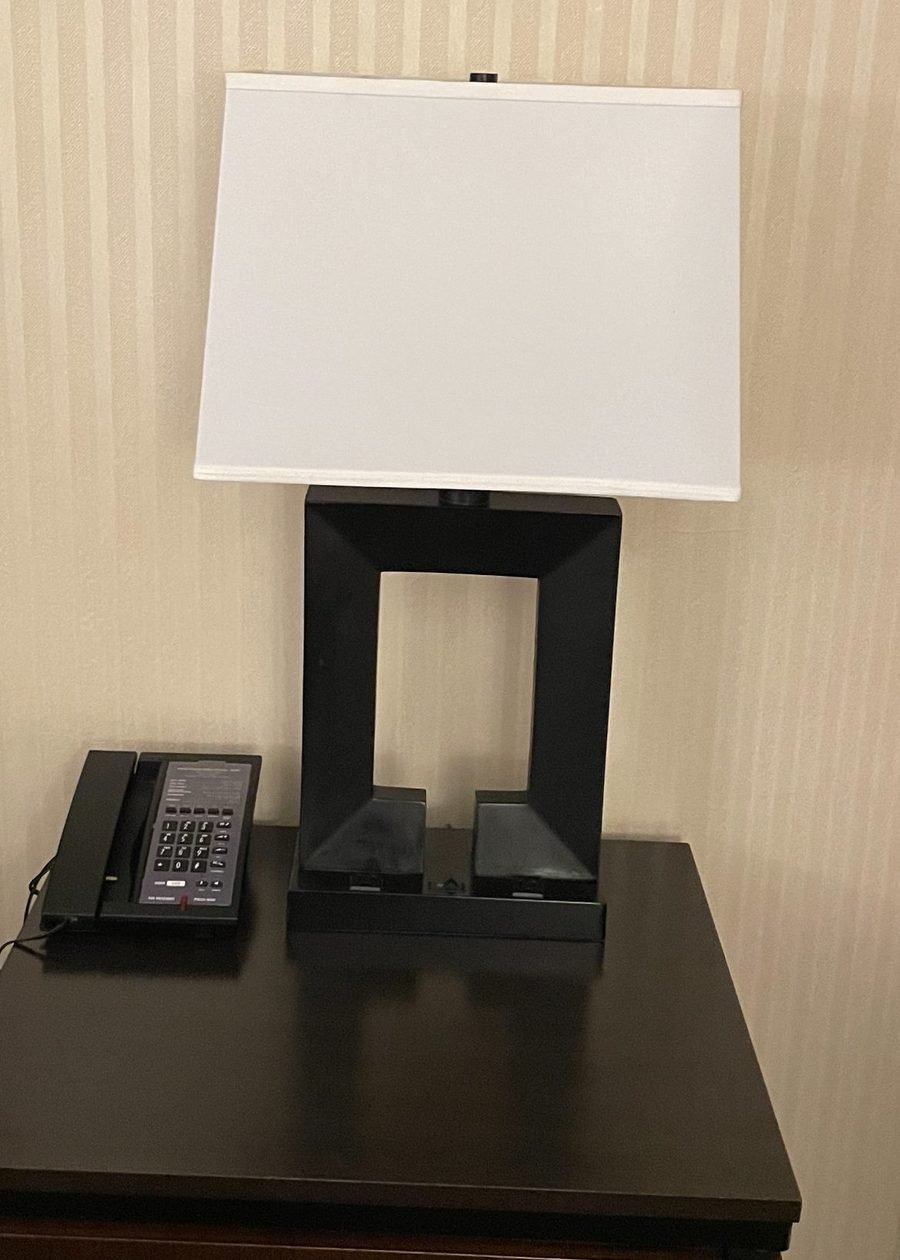 Hotel guest-room lamp with a new rectangular lampshade