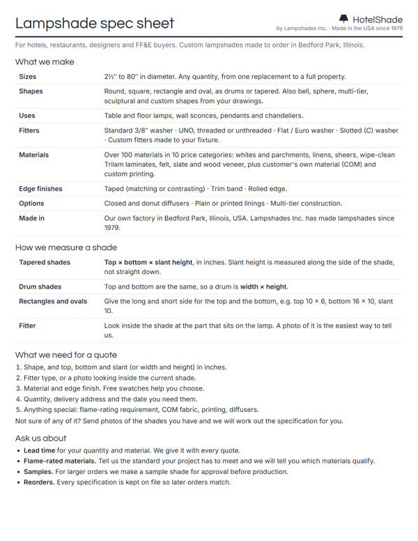 Preview of the HotelShade lampshade spec sheet